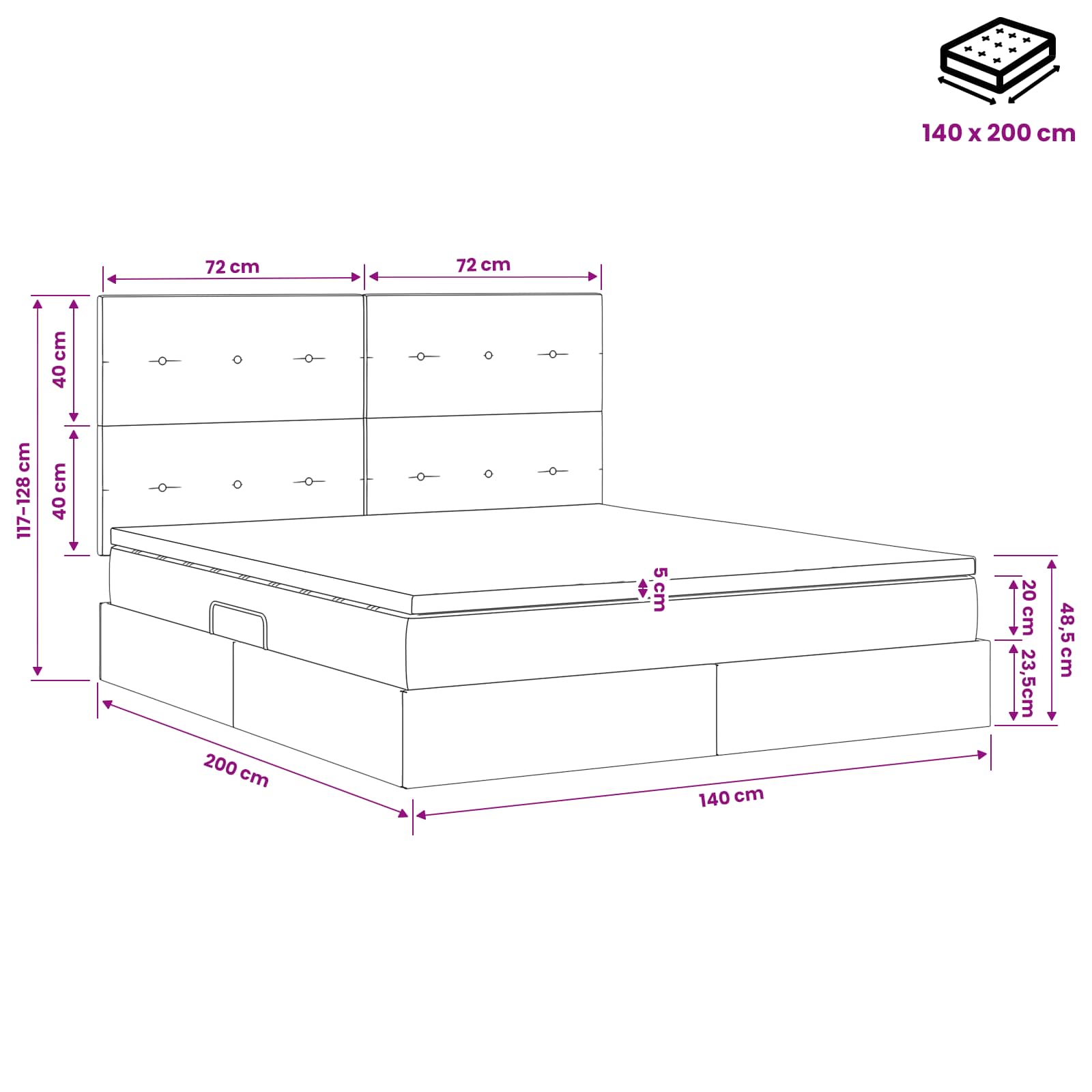 Aufbewahrungsbett mit Matratze Hellgrau 140 x 200 cm Stoff