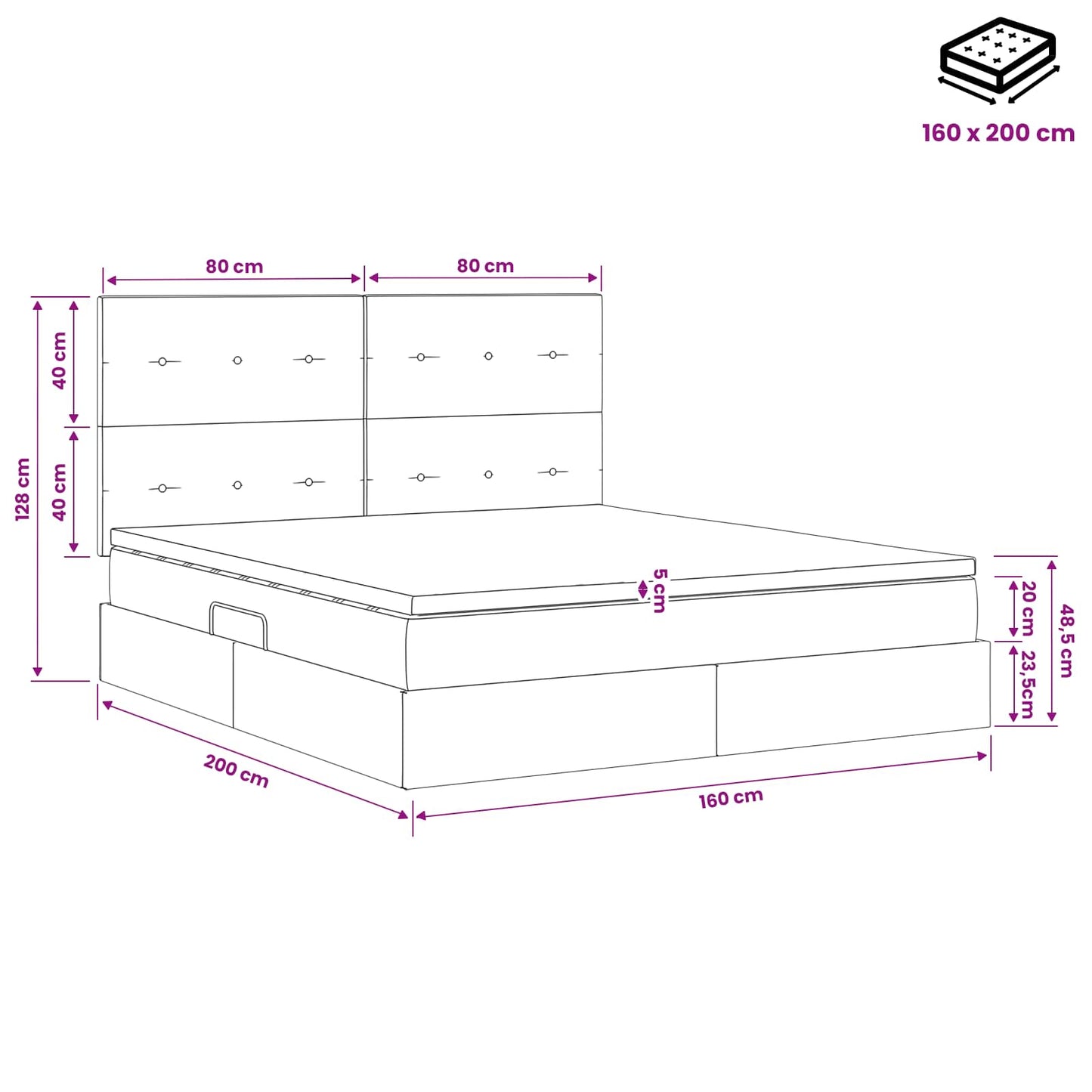 Aufbewahrungsbett mit Matratze Dunkelgrau 160 x 200 cm Stoff