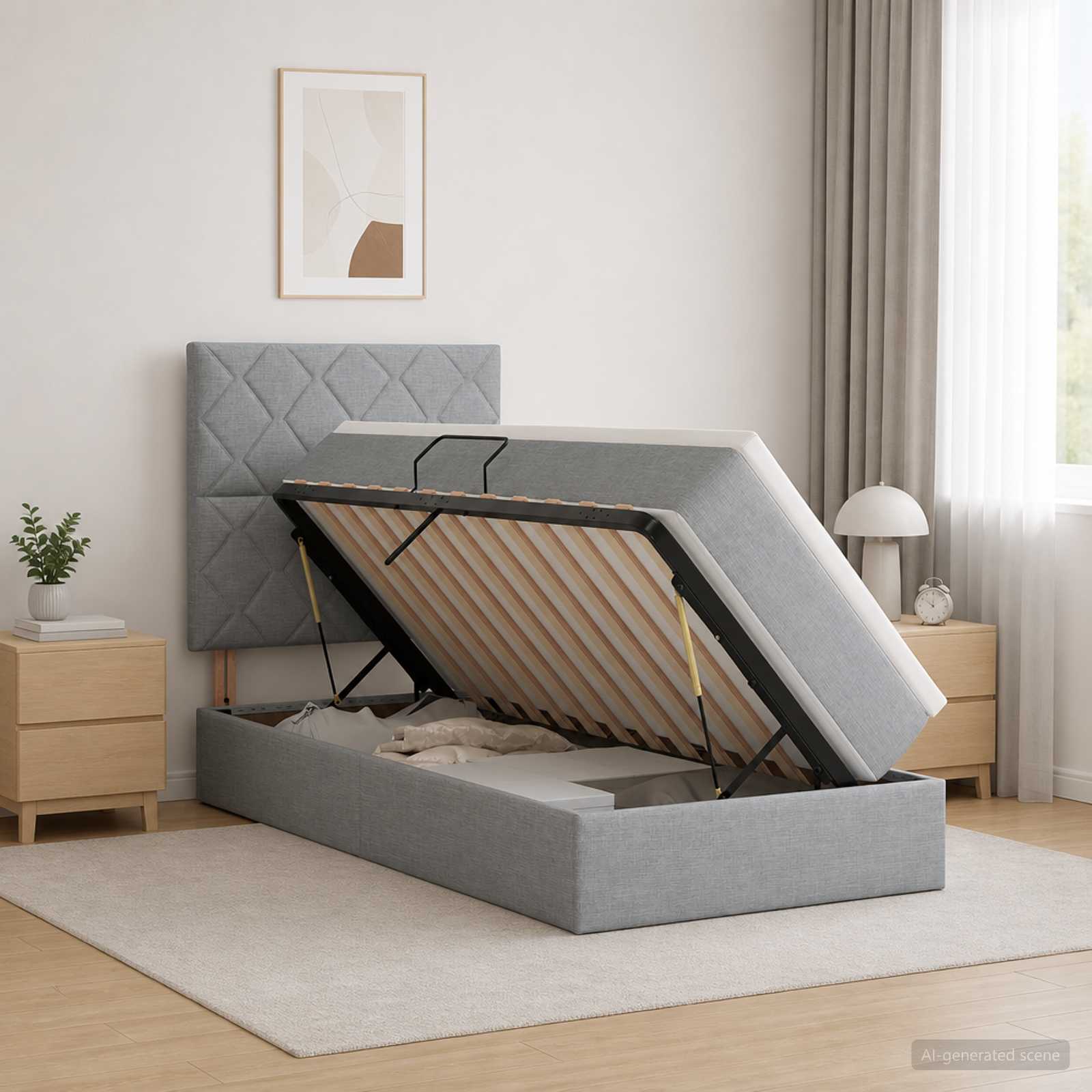 LED-Speicherbett mit Matratze Hellgrau 90 x 200 cm Stoff
