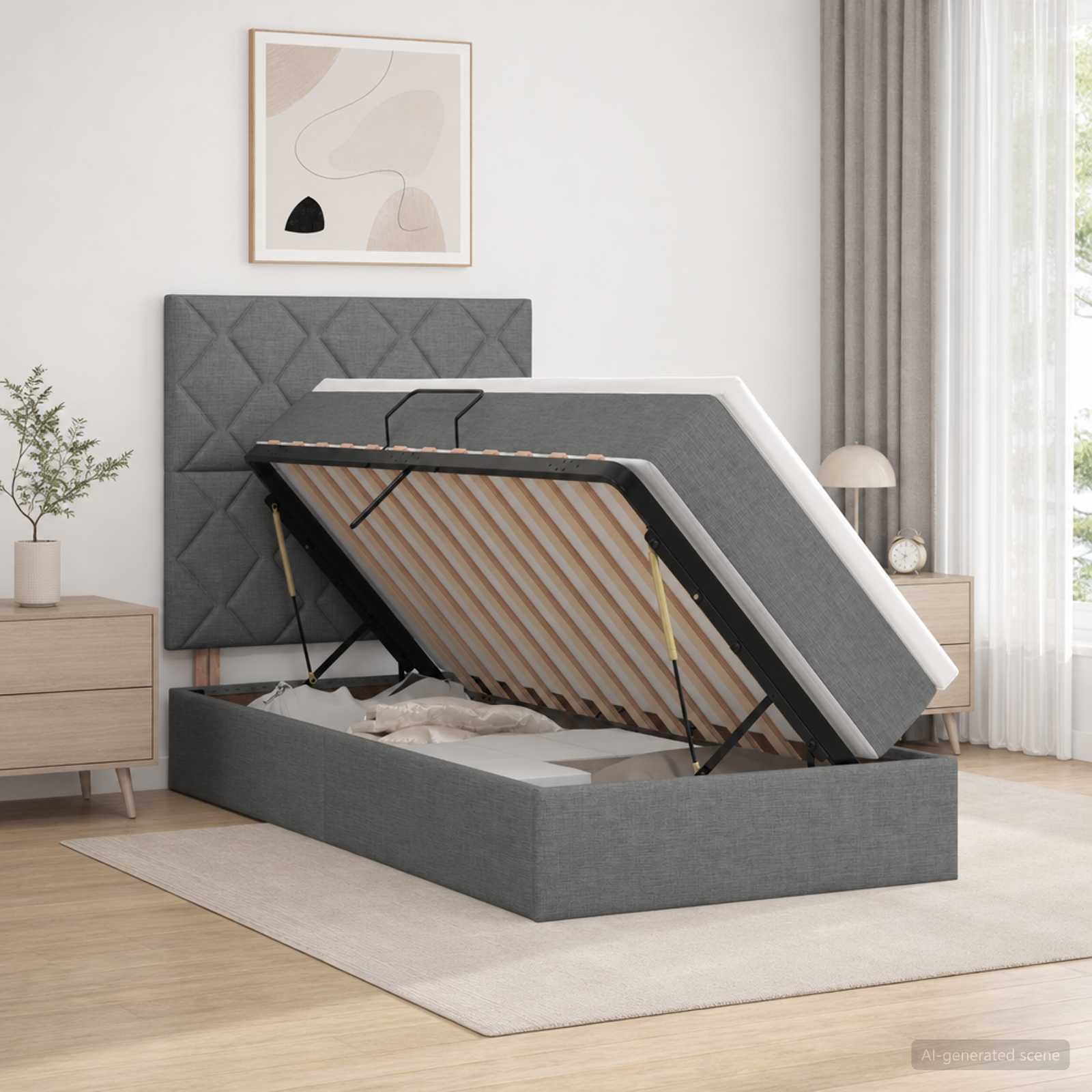 LED-Speicherbett mit Matratze Dunkelgrau 90 x 190 cm Stoff