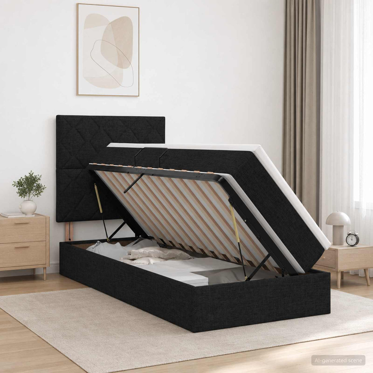 Aufbewahrungsbett mit Matratze Schwarz 100 x 200 cm Stoff
