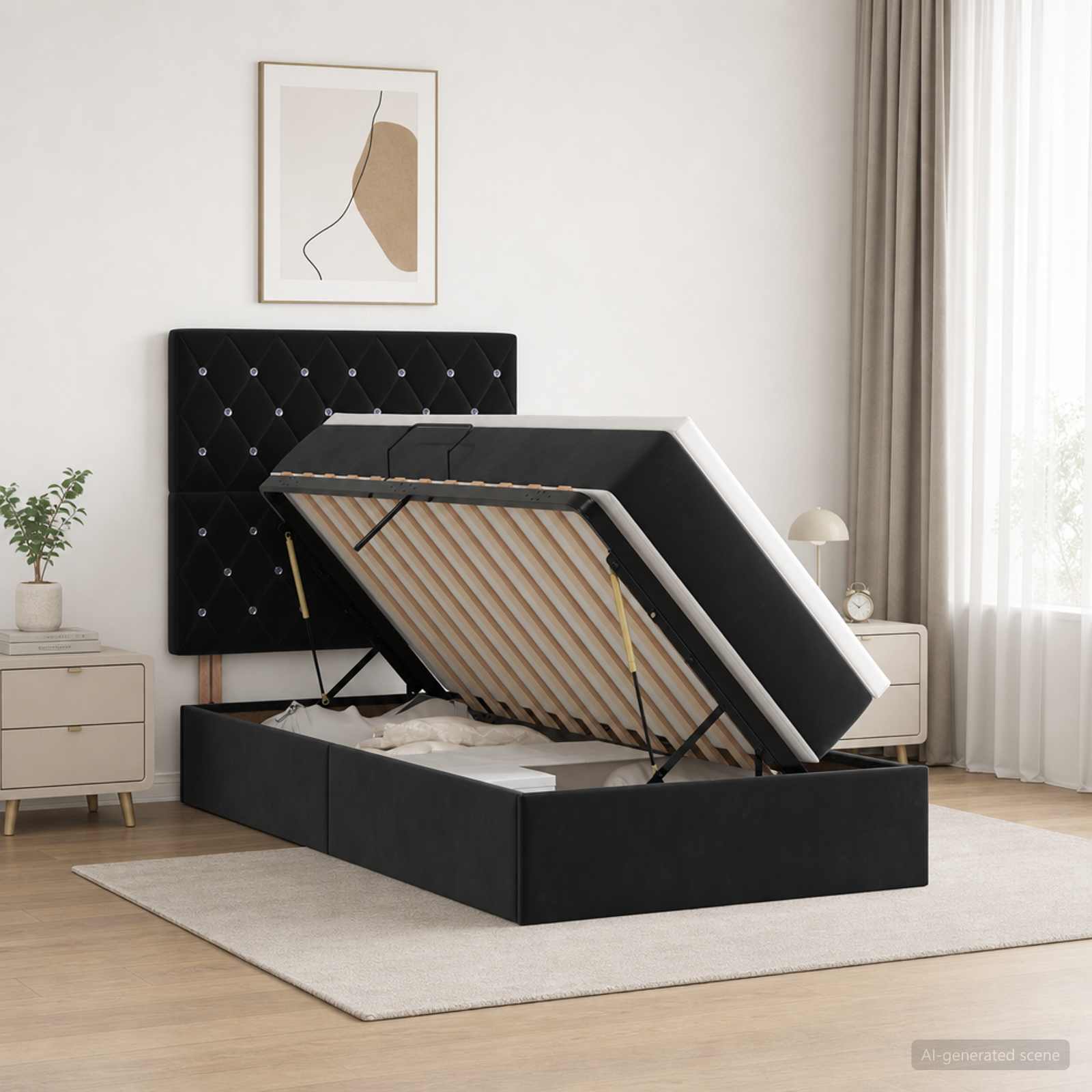 Aufbewahrungsbett mit Matratze Schwarz 90 x 200 cm Samt