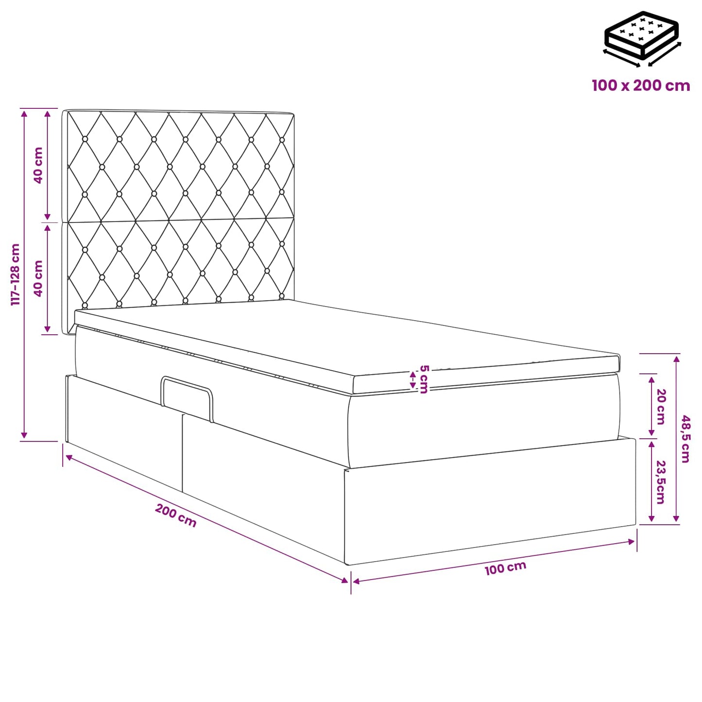 Aufbewahrungsbett mit Matratze Hellgrau 100 x 200 cm Samt