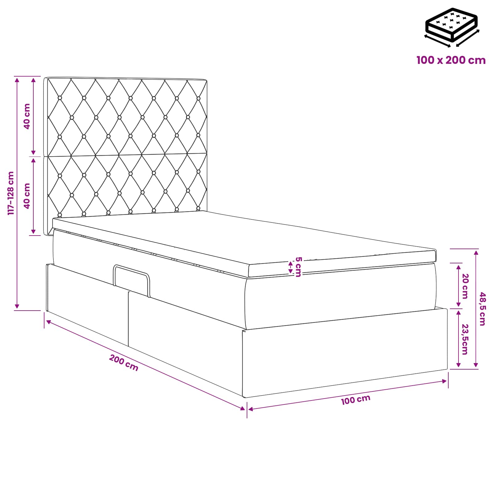 Aufbewahrungsbett mit Matratze Hellgrau 100 x 200 cm Samt