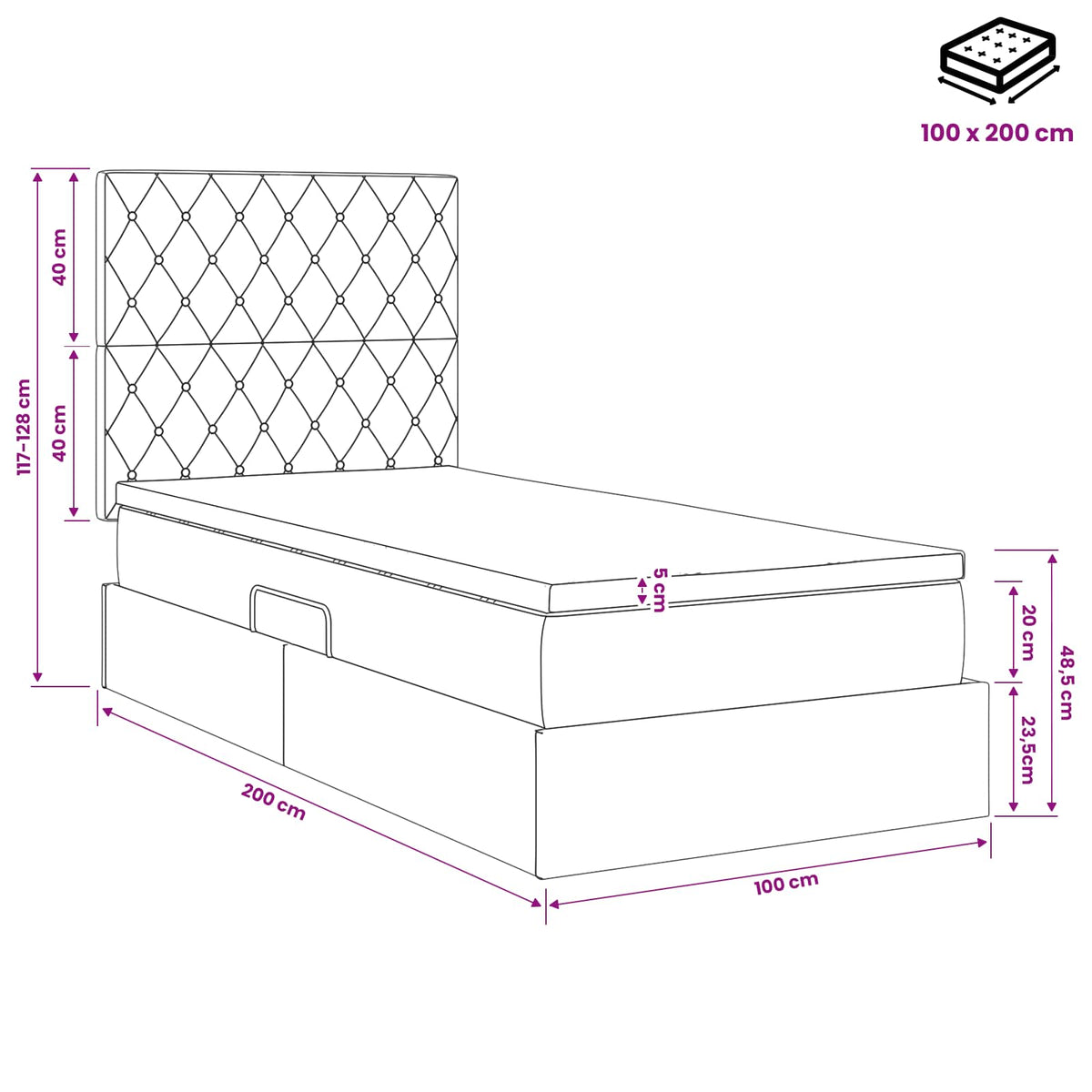 Aufbewahrungsbett mit Matratze Schwarz 100 x 200 cm Samt
