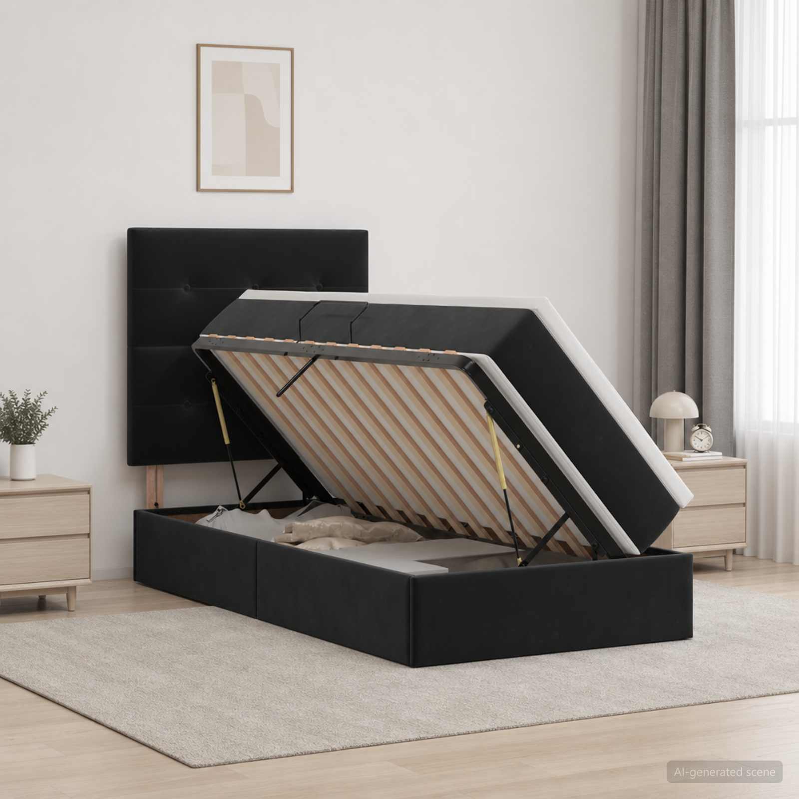 Aufbewahrungsbett mit Matratze Schwarz 100 x 200 cm Samt