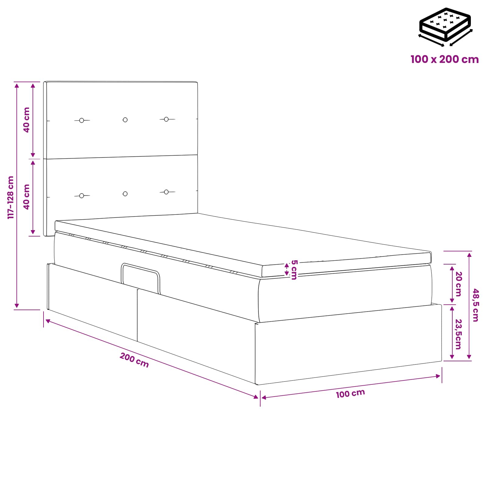 Aufbewahrungsbett mit Matratze Hellgrau 100 x 200 cm Samt