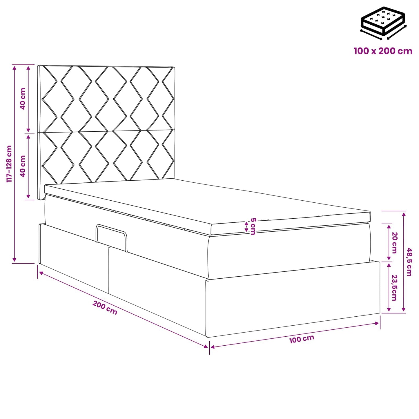 Aufbewahrungsbett mit Matratze Schwarz 100 x 200 cm Samt