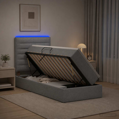 LED-Speicherbett mit Matratze Hellgrau 90 x 190 cm Stoff