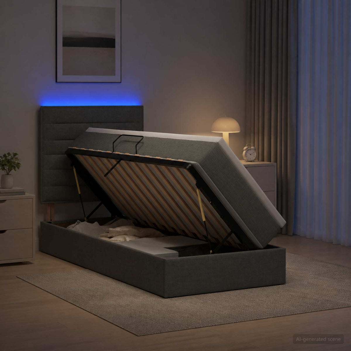 LED-Speicherbett mit Matratze Dunkelgrau 100 x 200 cm Stoff