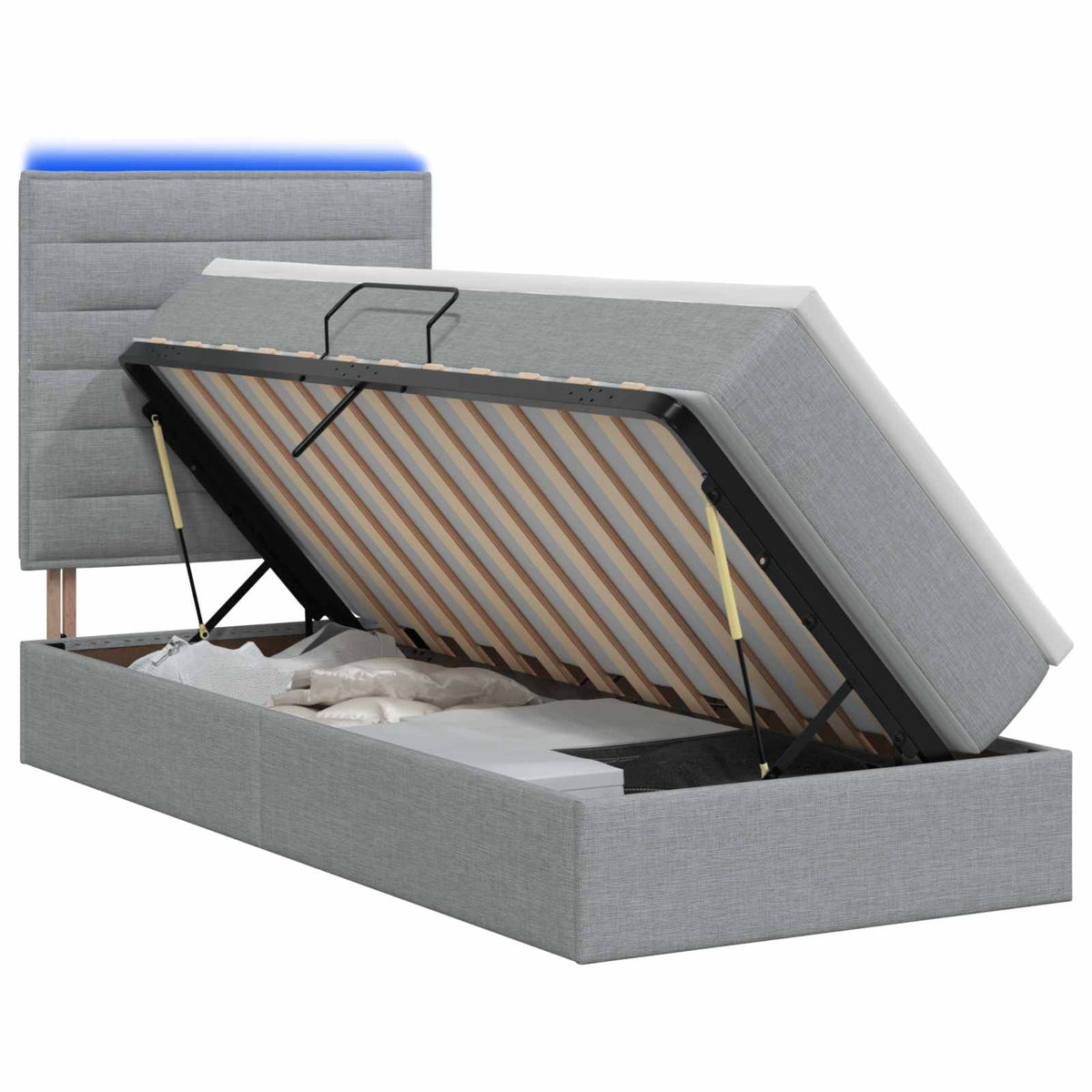 LED-Speicherbett mit Matratze Hellgrau 90 x 200 cm Stoff