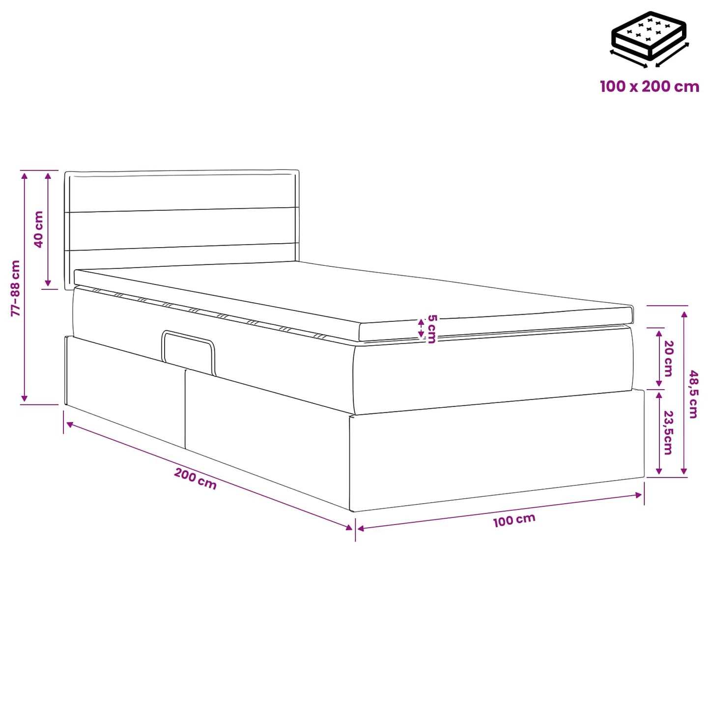 LED-Speicherbett mit Matratze Dunkelgrau 100 x 200 cm Stoff