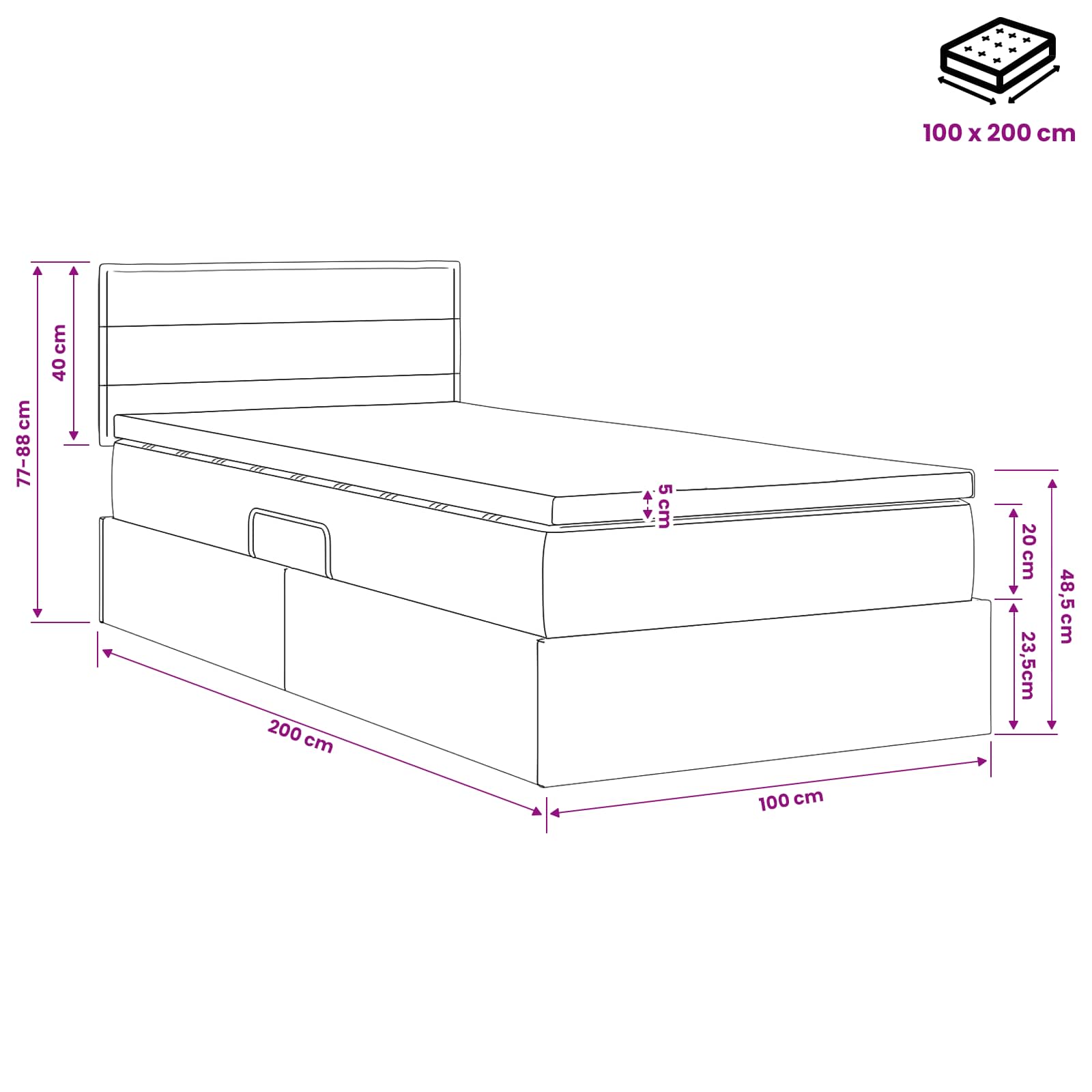 LED-Speicherbett mit Matratze Dunkelgrau 100 x 200 cm Stoff