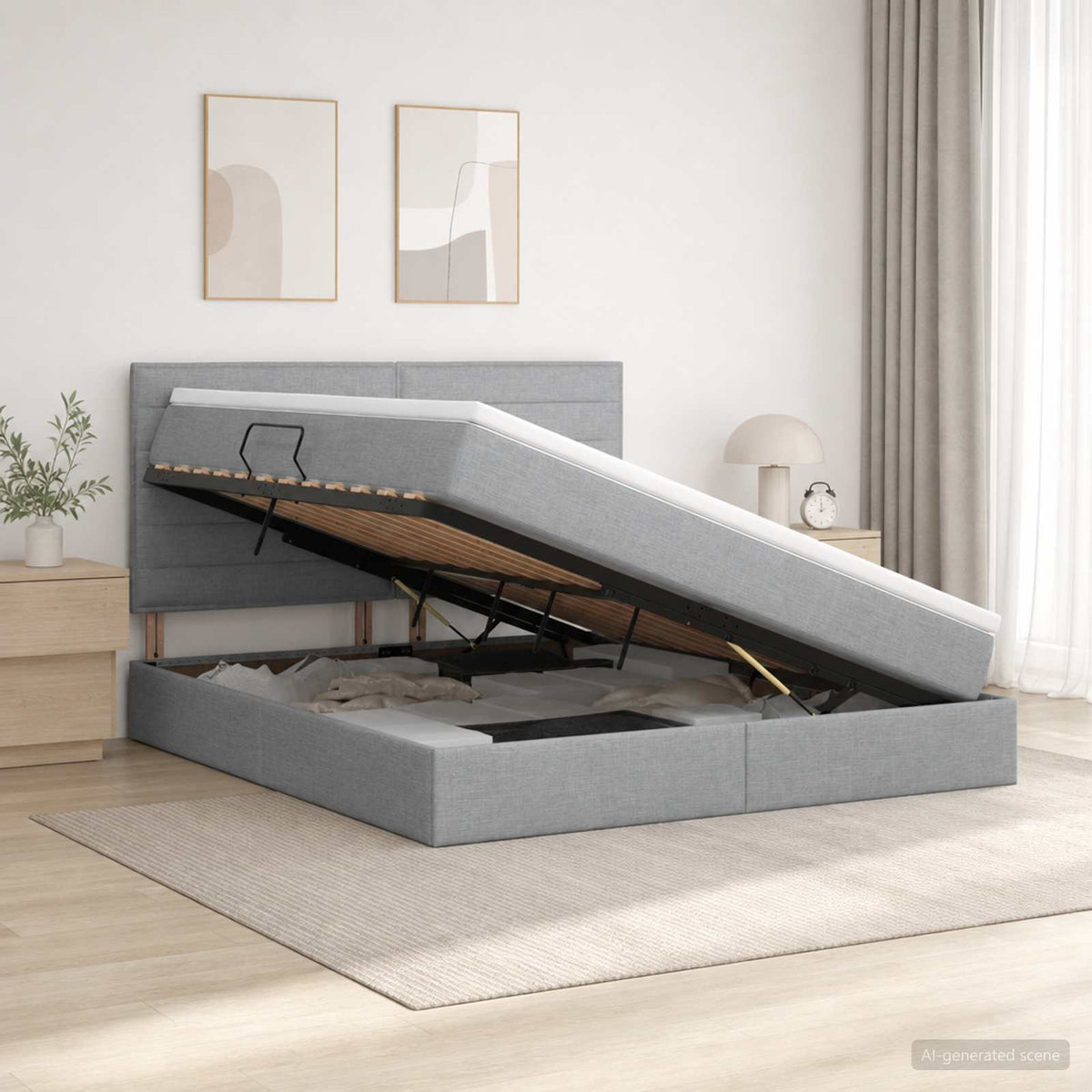 LED-Speicherbett mit Matratze Hellgrau 140 x 200 cm Stoff