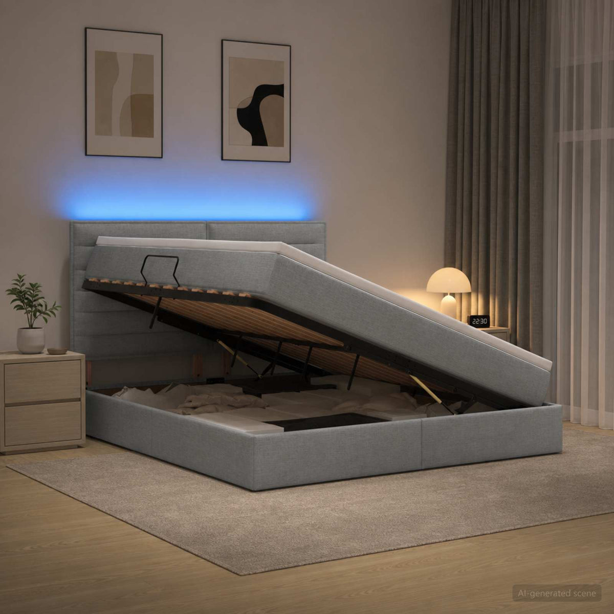 LED-Speicherbett mit Matratze Hellgrau 180 x 200 cm Stoff