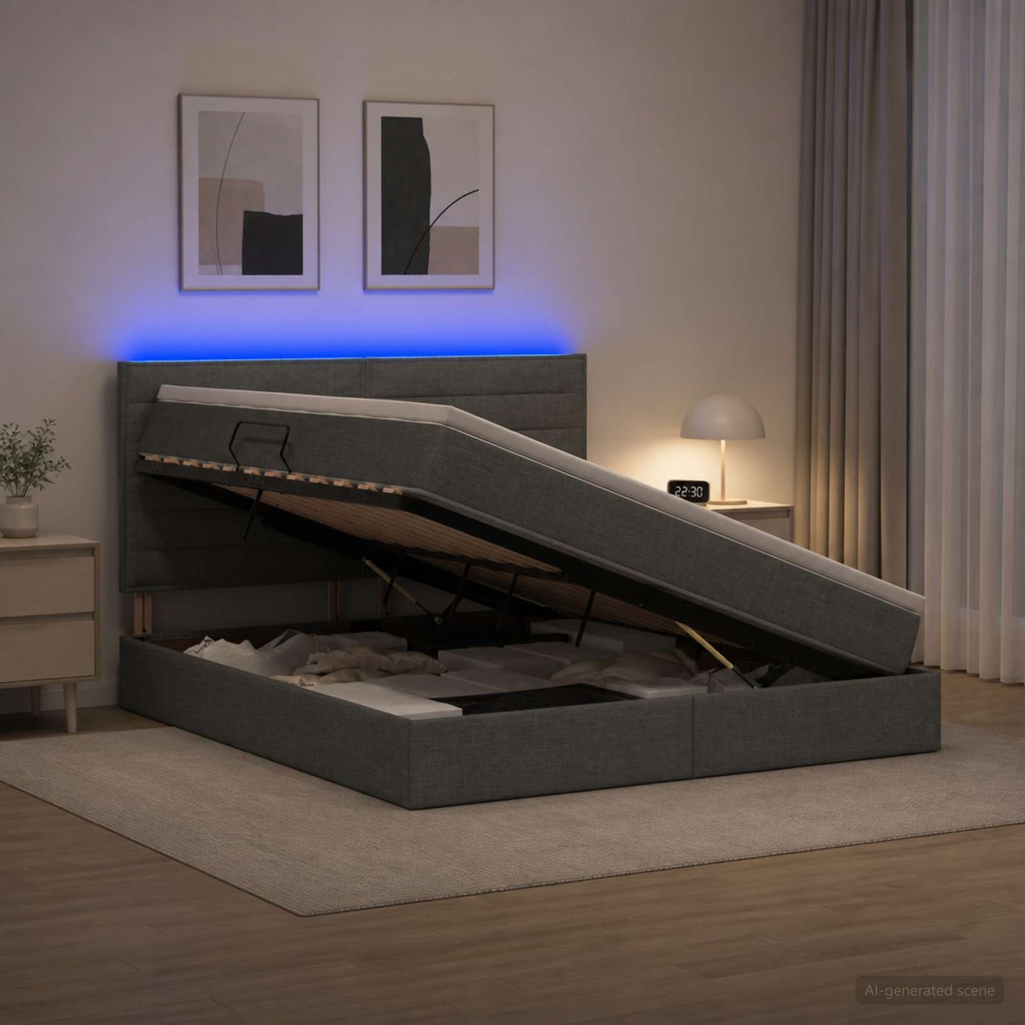 LED-Speicherbett mit Matratze Dunkelgrau 140 x 200 cm Stoff