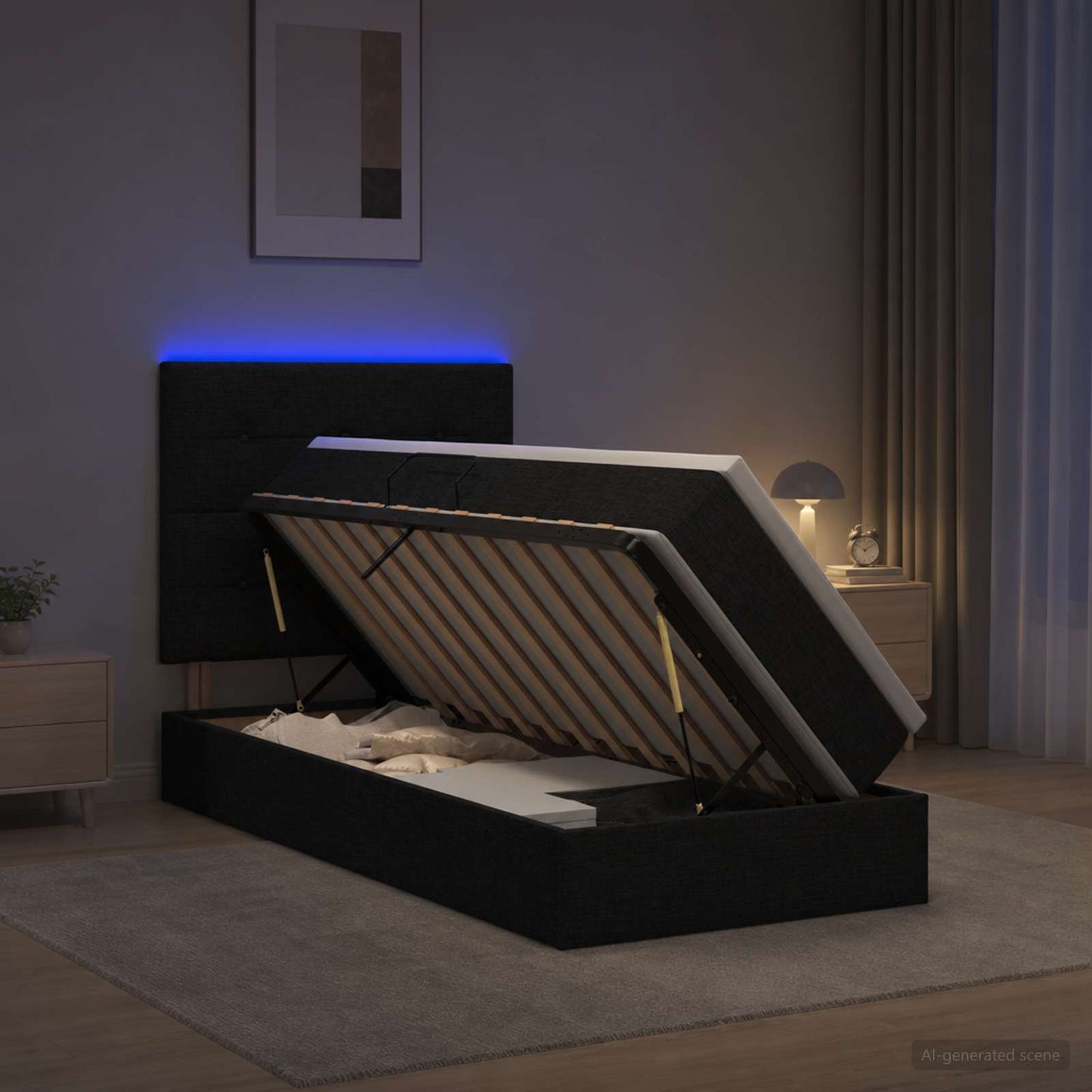 LED-Speicherbett mit Matratze Schwarz 100 x 200 cm Stoff