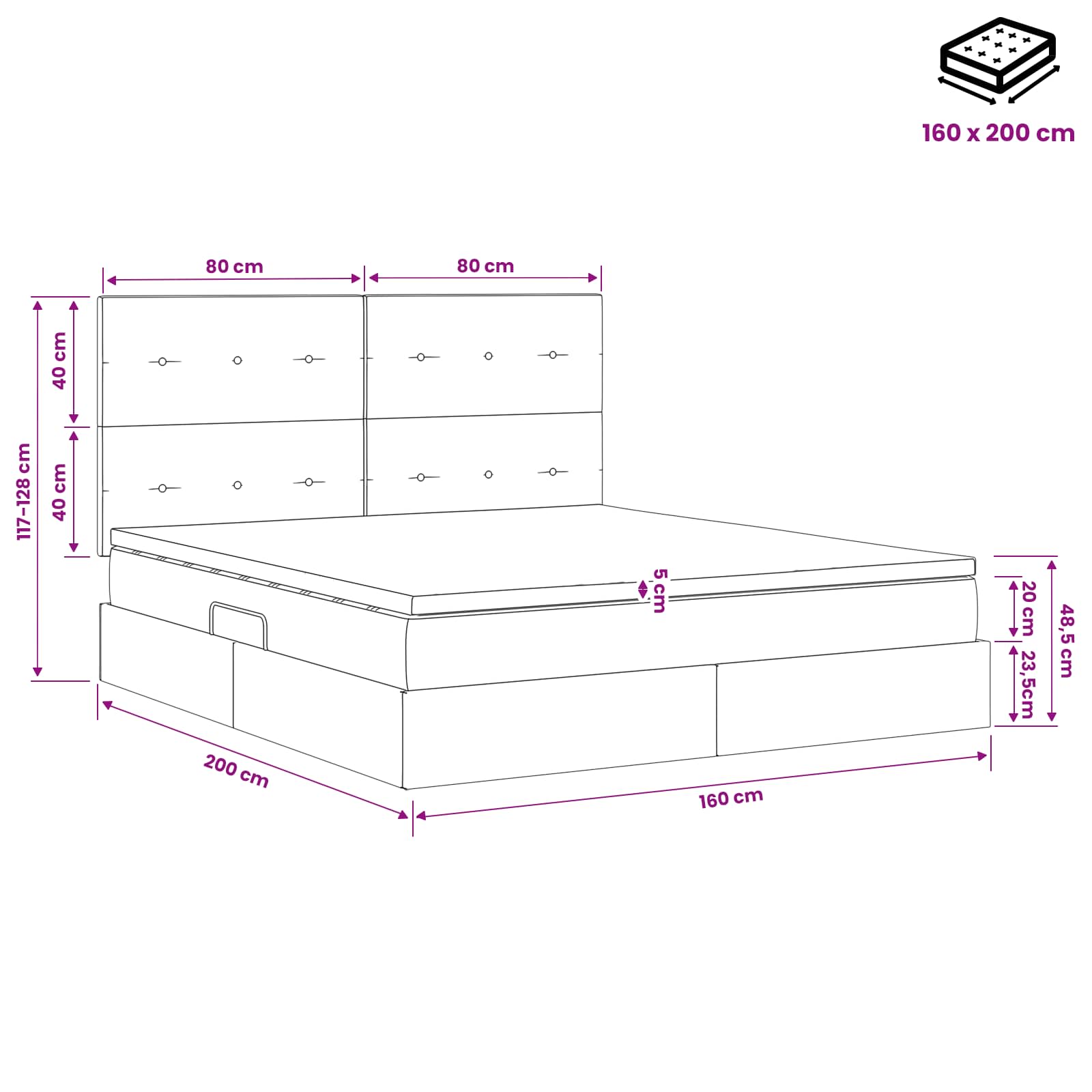 LED-Speicherbett mit Matratze Dunkelgrau 160 x 200 cm Stoff