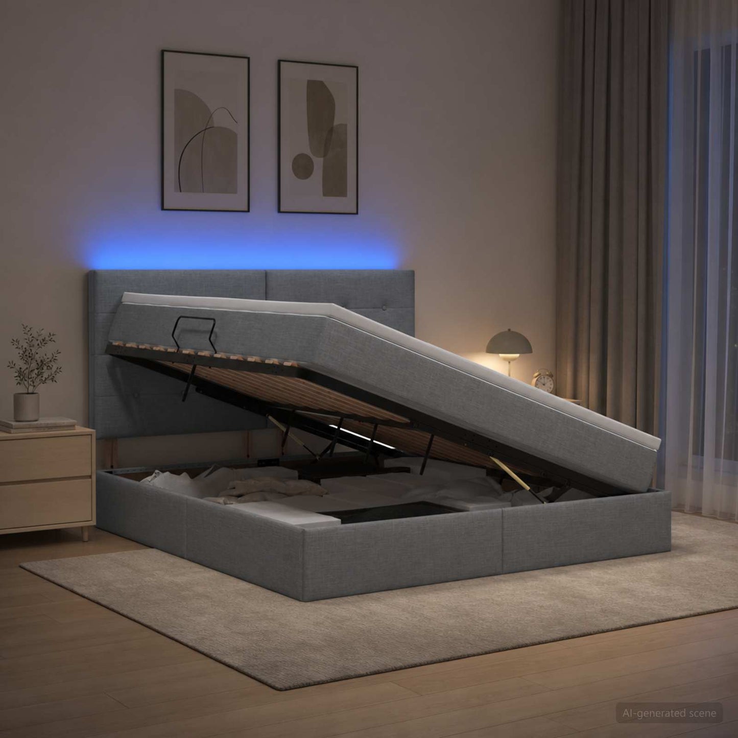 LED-Speicherbett mit Matratze Hellgrau 140 x 200 cm Stoff