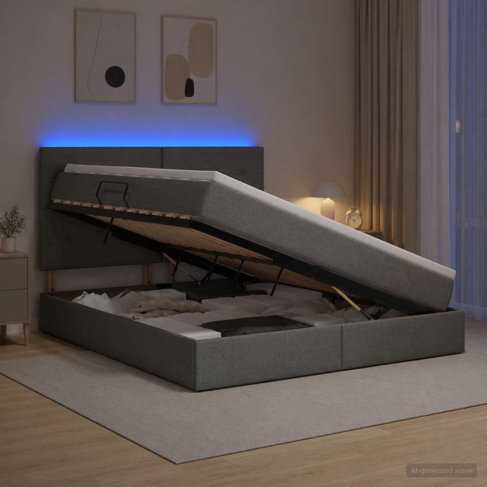 LED-Speicherbett mit Matratze Dunkelgrau 160 x 200 cm Stoff