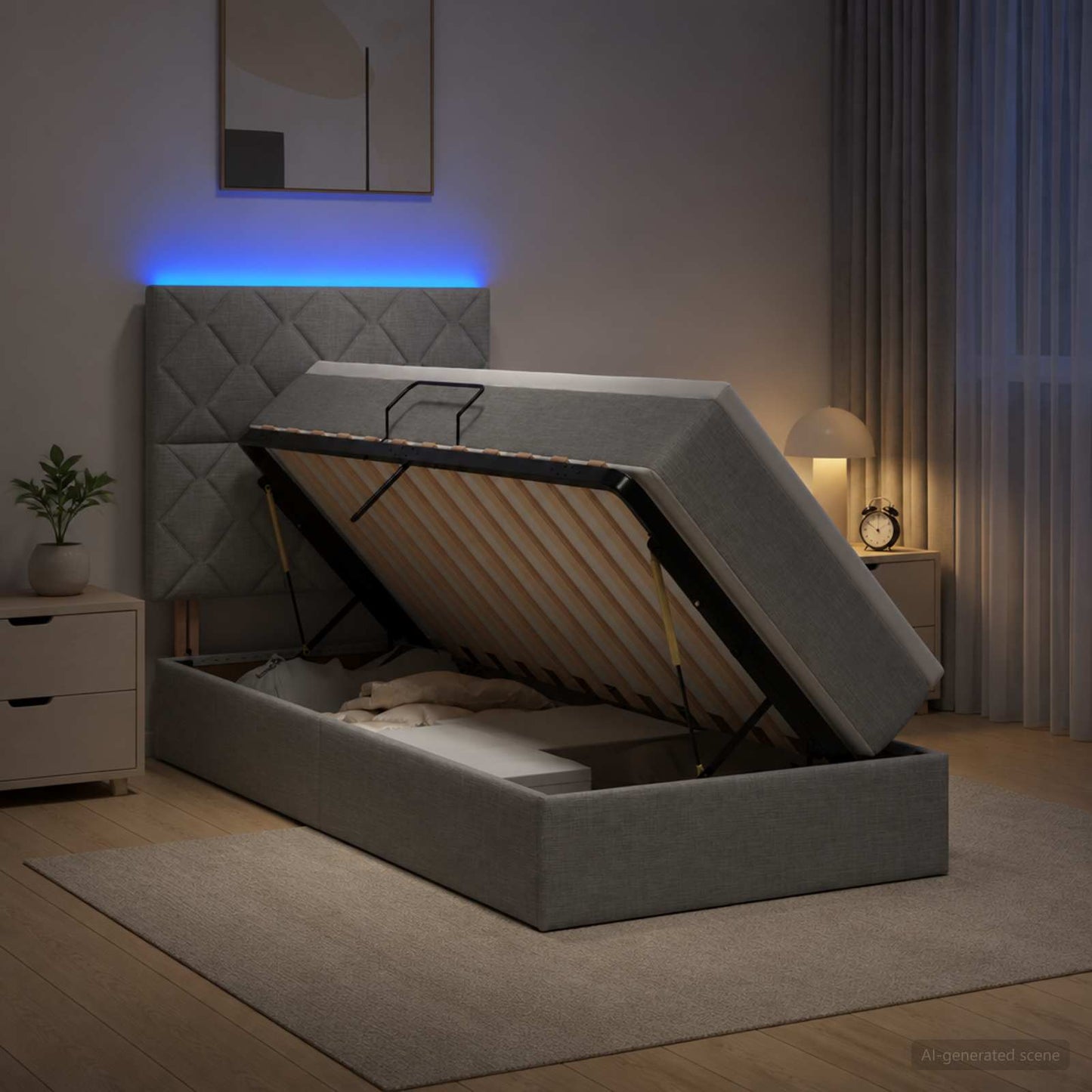 LED-Speicherbett mit Matratze Hellgrau 90 x 190 cm Stoff