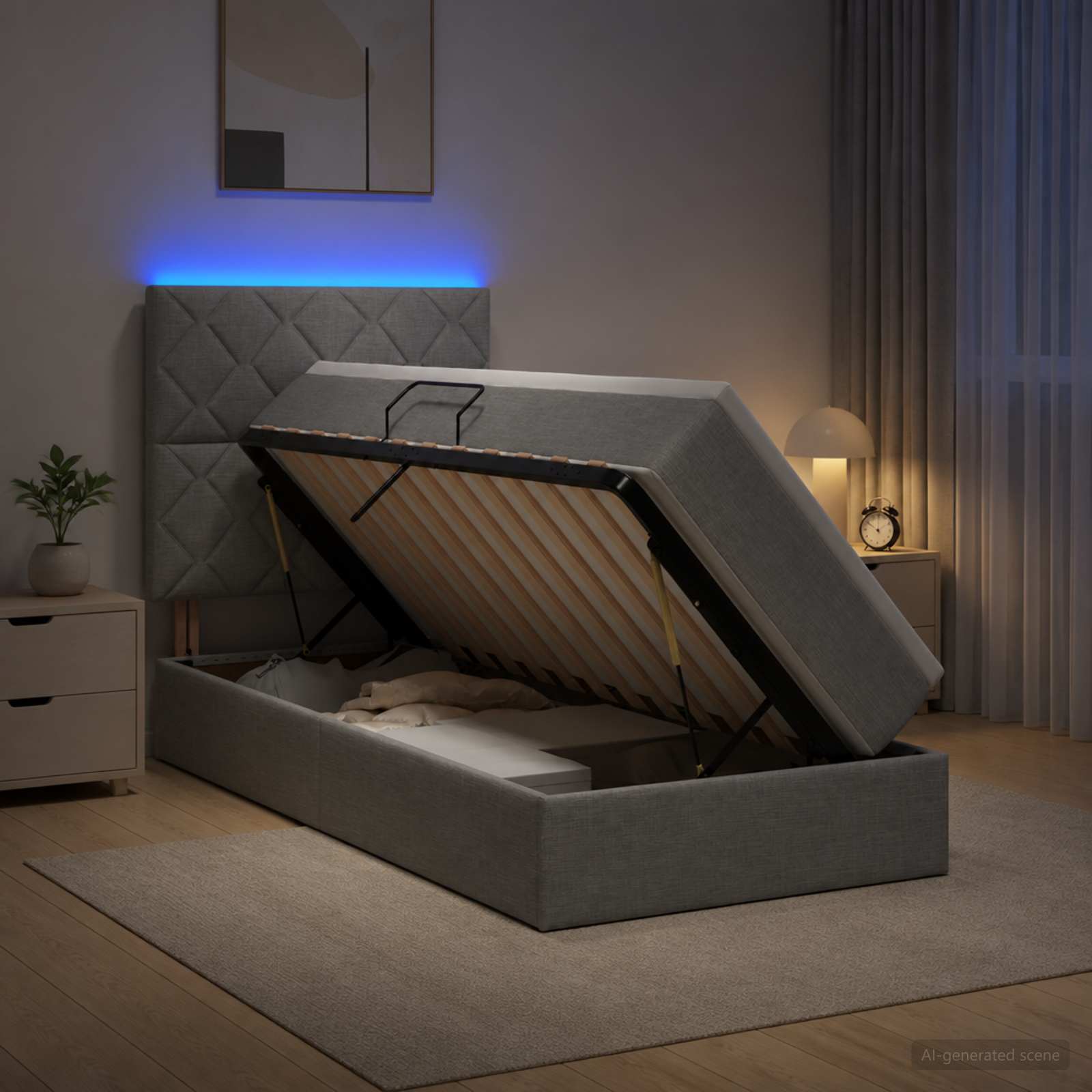 LED-Speicherbett mit Matratze Hellgrau 90 x 200 cm Stoff