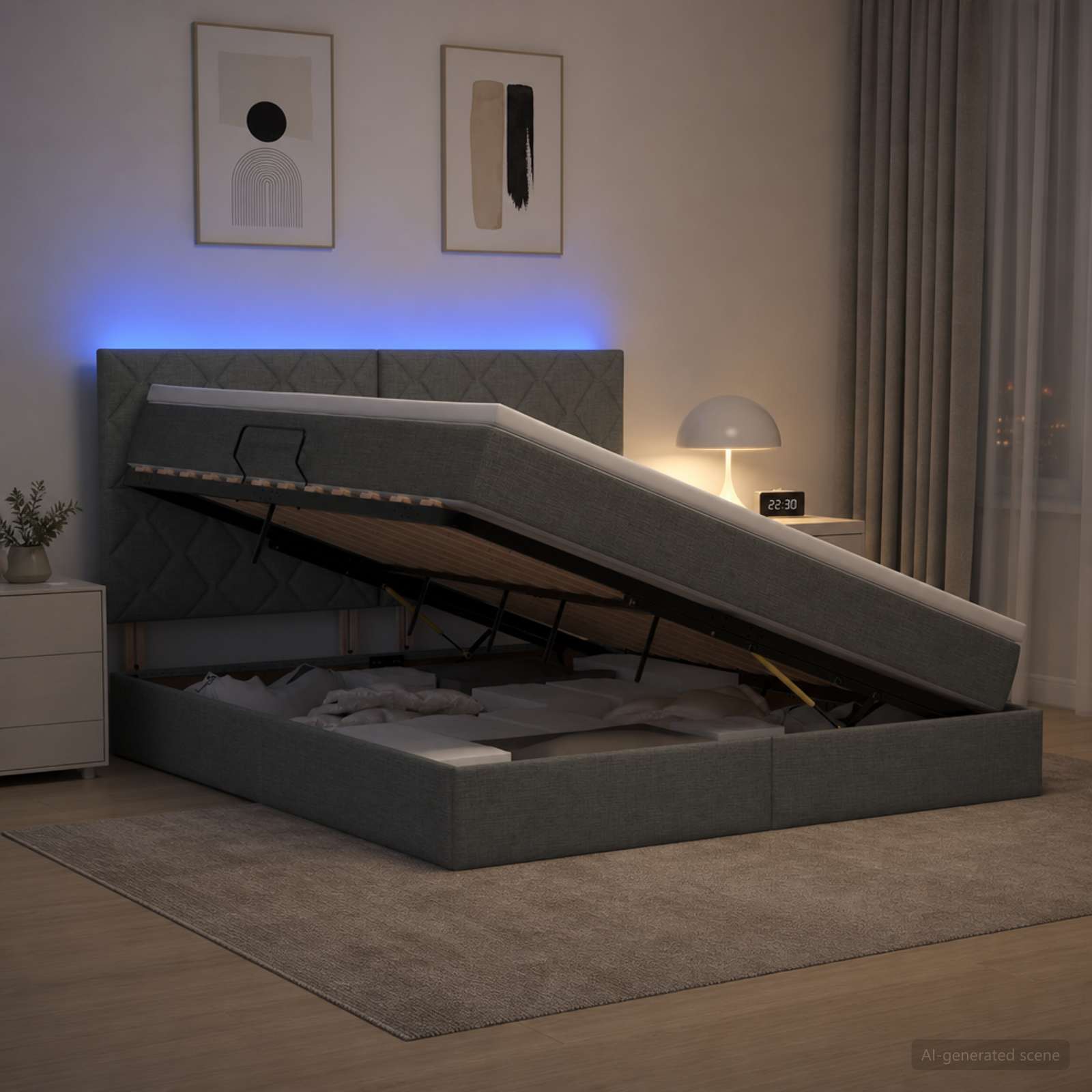 LED-Speicherbett mit Matratze Dunkelgrau 140 x 200 cm Stoff