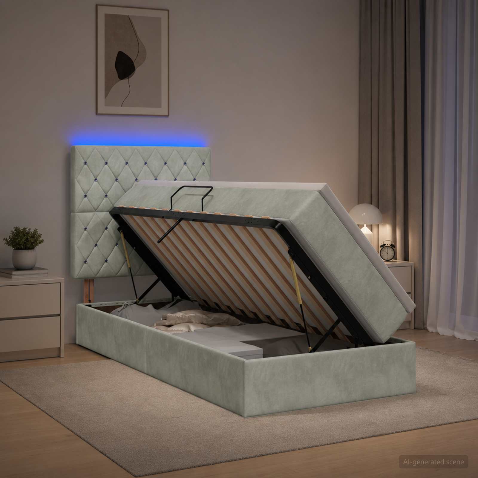 LED-Speicherbett mit Matratze Hellgrau 100 x 200 cm Samt