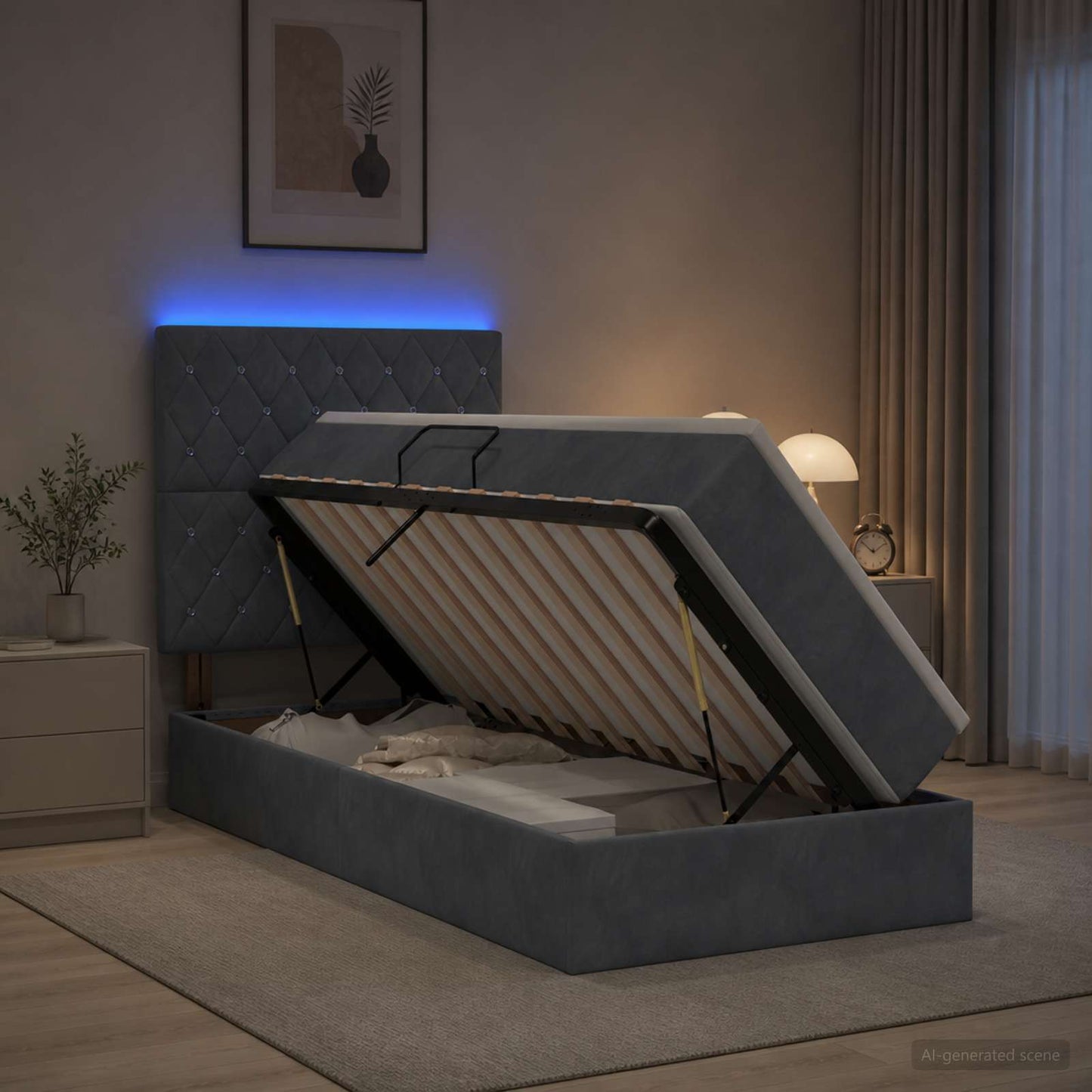 LED-Speicherbett mit Matratze Dunkelgrau 90 x 200 cm Samt