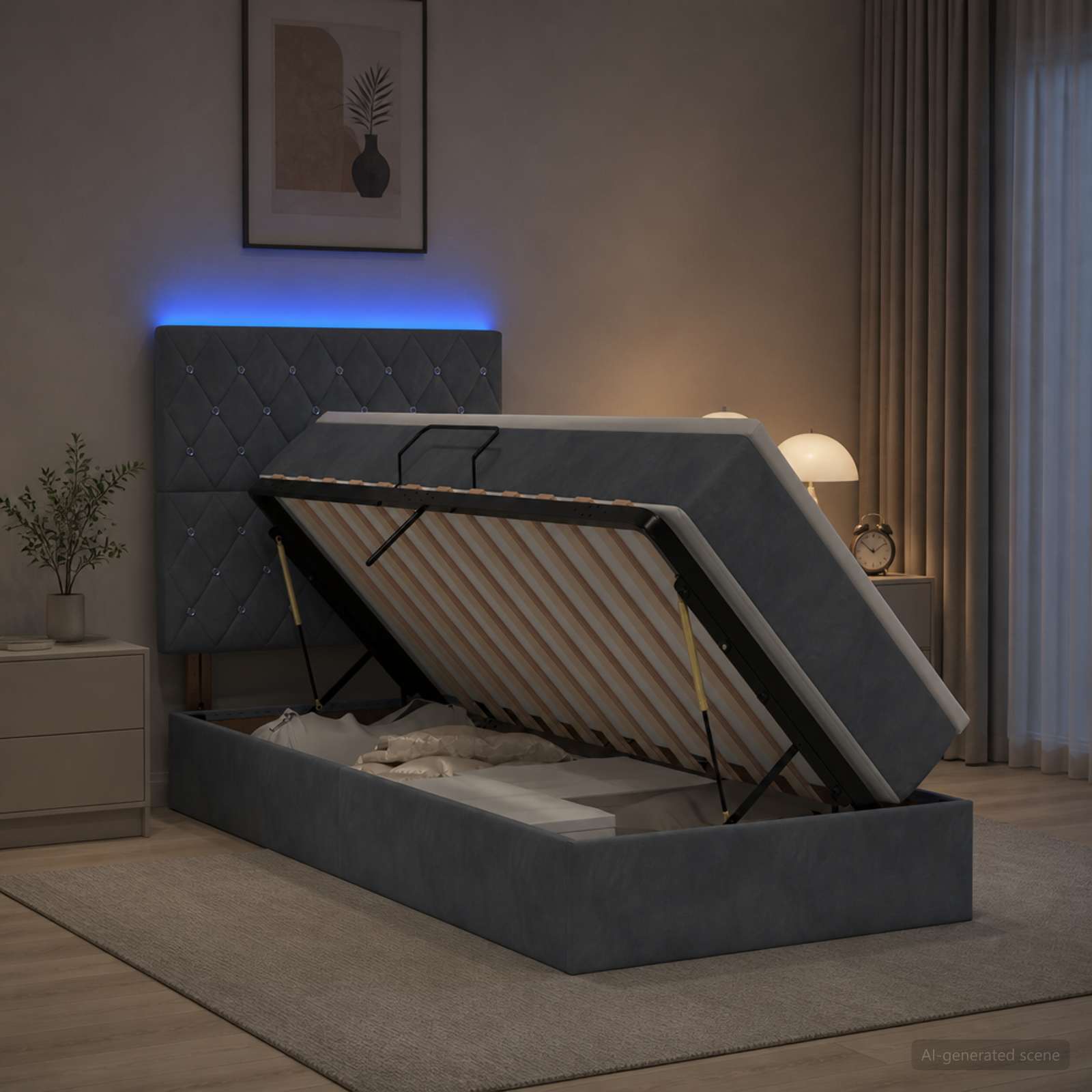 LED-Speicherbett mit Matratze Dunkelgrau 90 x 200 cm Samt