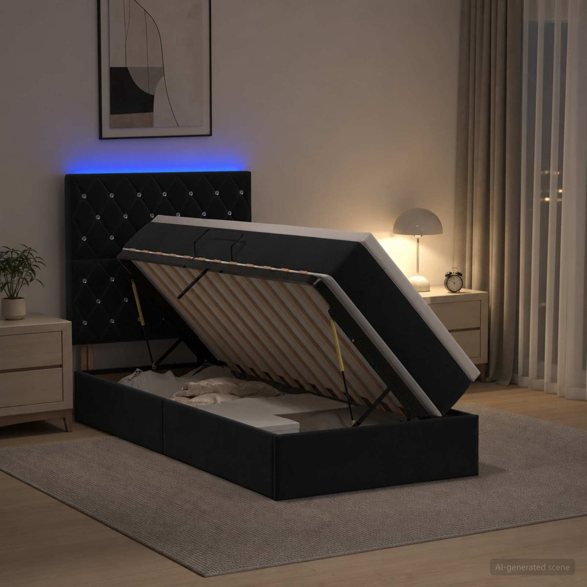 LED-Speicherbett mit Matratze Schwarz 100 x 200 cm Samt