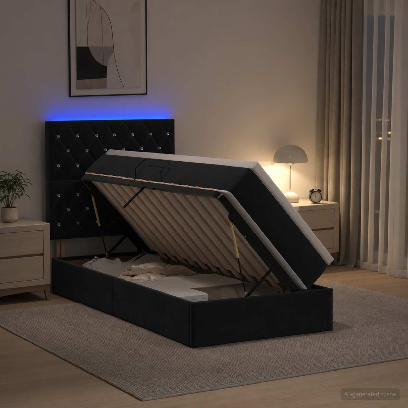 LED-Speicherbett mit Matratze Schwarz 90 x 200 cm Samt