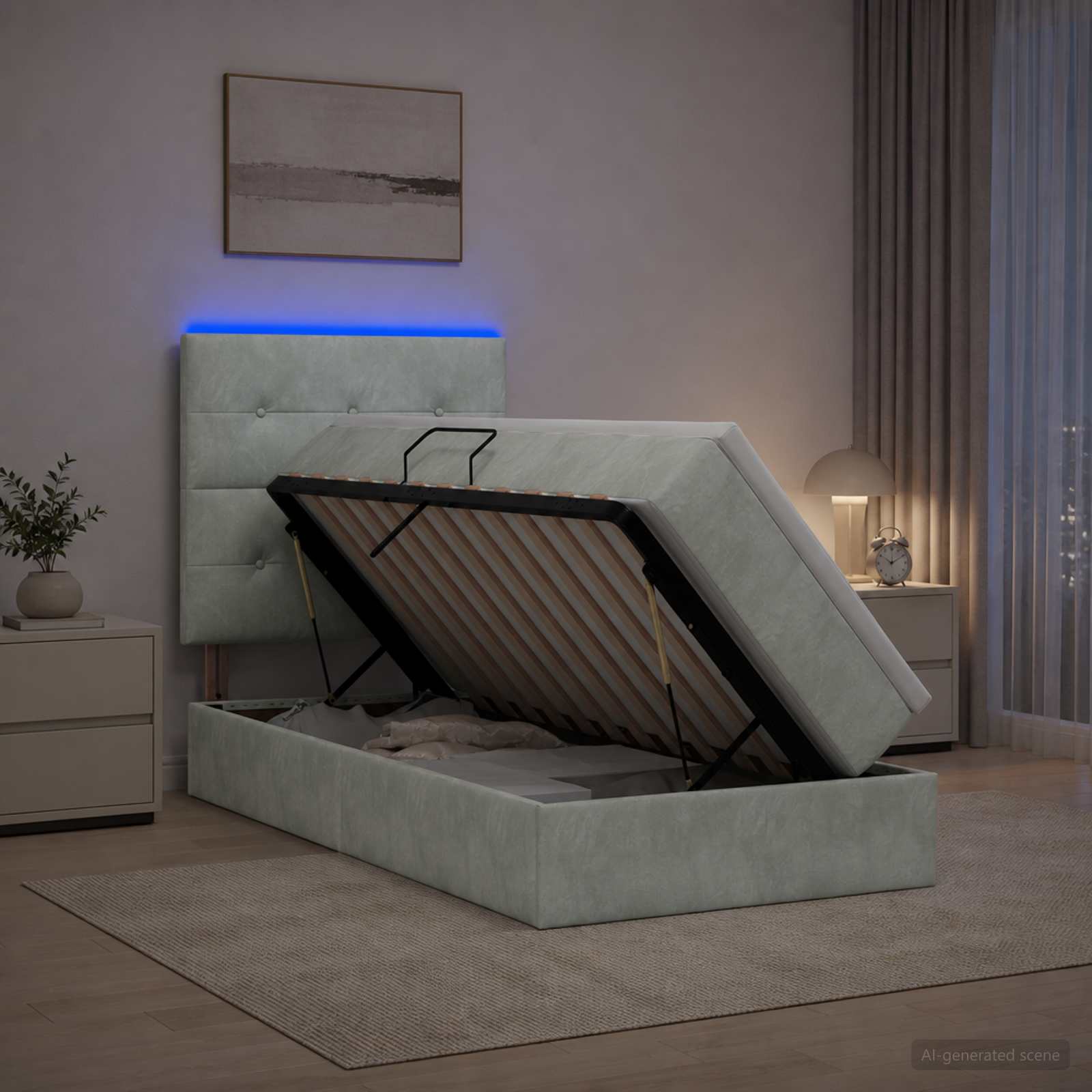 LED-Speicherbett mit Matratze Hellgrau 90 x 200 cm Samt