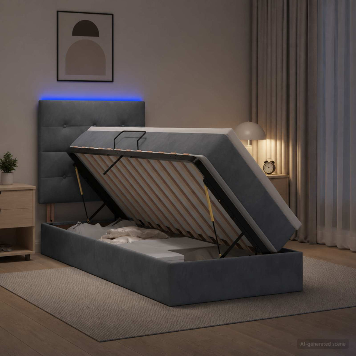 LED-Speicherbett mit Matratze Dunkelgrau 90 x 200 cm Samt