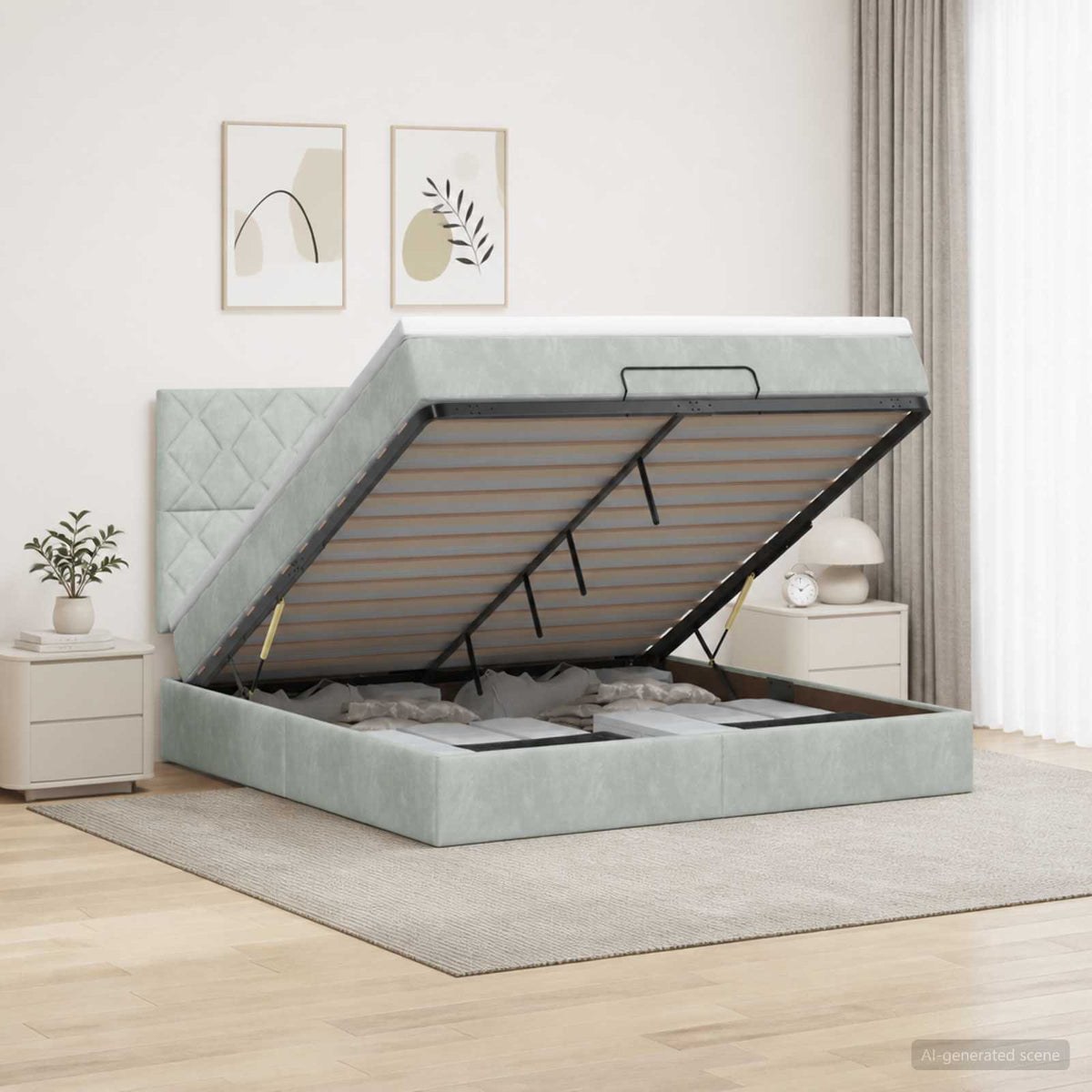 Ottoman Bett mit Matratze Hellgrau 180 x 200 cm Samt