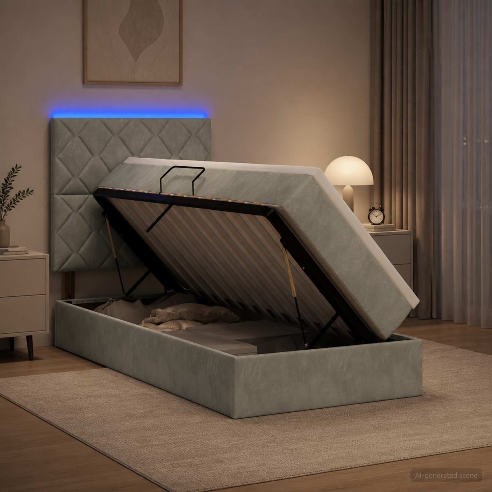 LED-Speicherbett mit Matratze Hellgrau 90 x 200 cm Samt