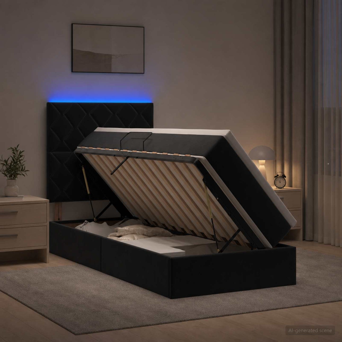 LED-Speicherbett mit Matratze Schwarz 100 x 200 cm Samt