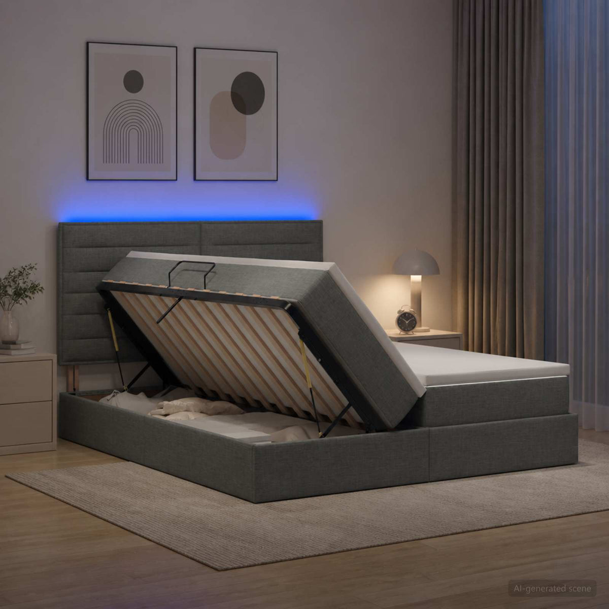 LED-Speicherbett mit Matratze Dunkelgrau 180 x 200 cm Stoff