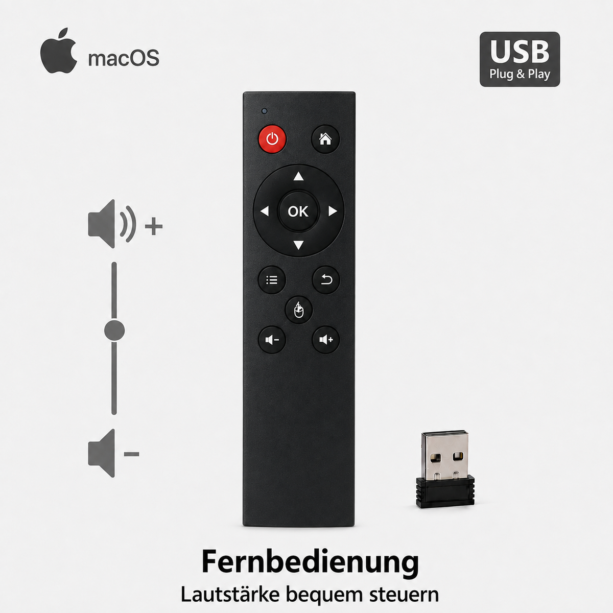 Schwarze USB-Fernbedienung für macOS mit Lautstärkeregelung und USB-Empfänger