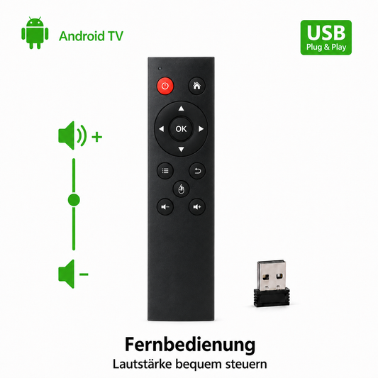 Schwarze USB-Fernbedienung für Android TV mit Lautstärkeregelung und USB-Empfänger