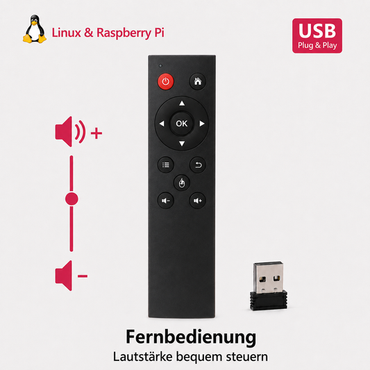 Schwarze USB-Fernbedienung für Linux und Raspberry Pi mit Lautstärkeregelung und USB-Empfänger