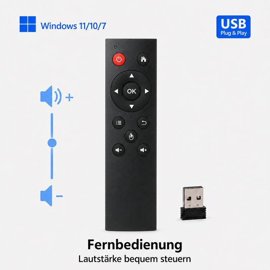 Schwarze USB-Fernbedienung für Windows 11, 10 und 7 mit Lautstärkeregelung und USB-Empfänger