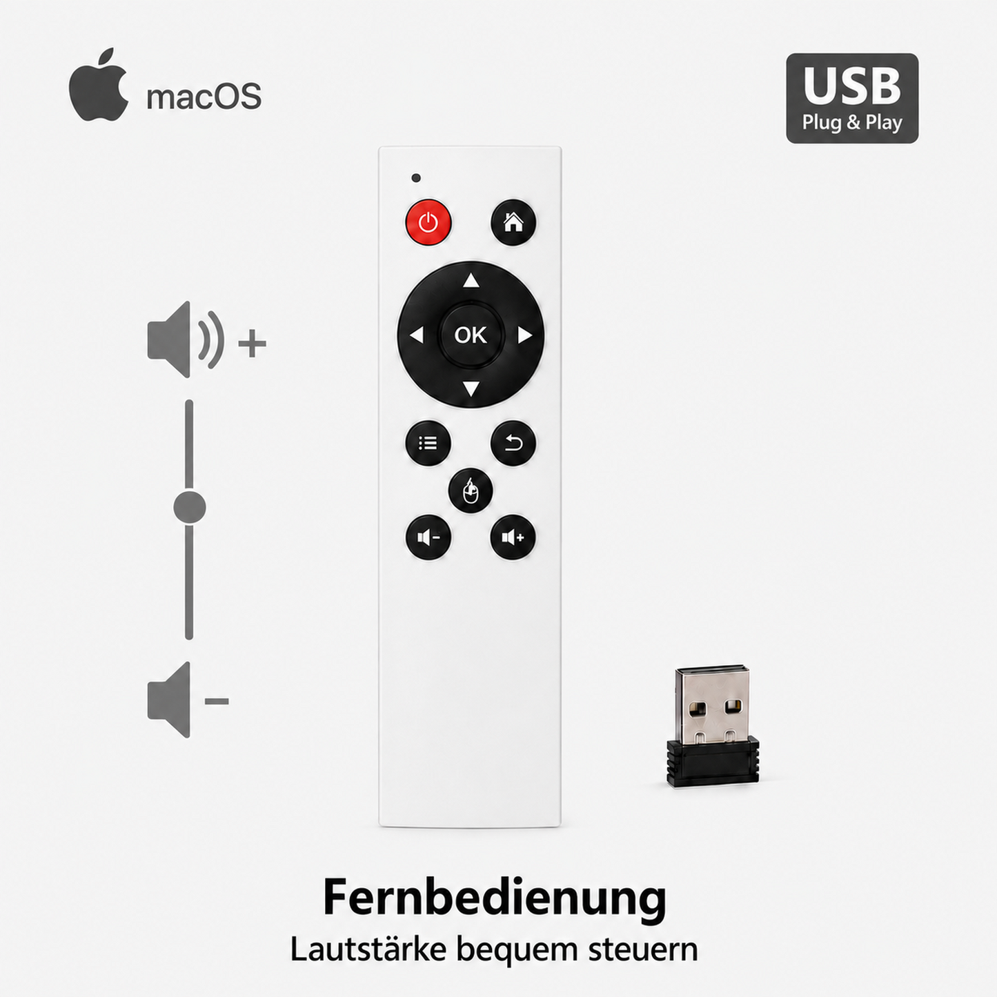 Weisse USB-Fernbedienung für macOS mit Lautstärkeregelung und USB-Empfänger