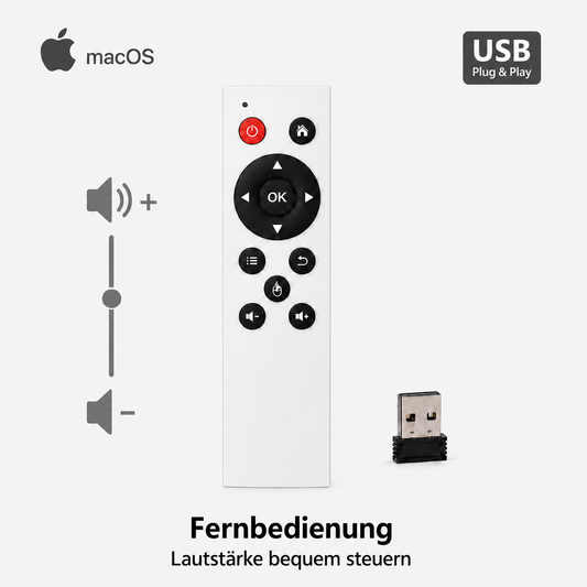 Weisse USB-Fernbedienung für macOS mit Lautstärkeregelung und USB-Empfänger