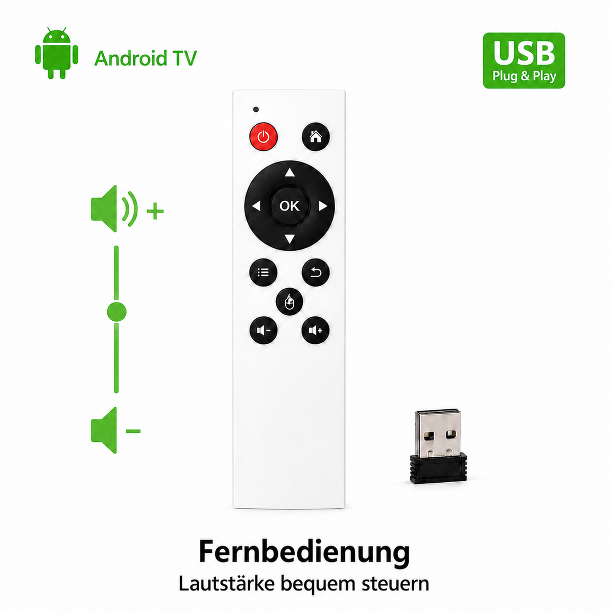Weisse USB-Fernbedienung für Android TV mit Lautstärkeregelung und USB-Empfänger