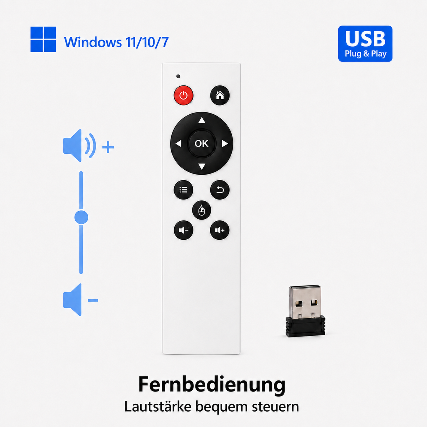Weisse USB-Fernbedienung für Windows 11, 10 und 7 mit Lautstärkeregelung und USB-Empfänger