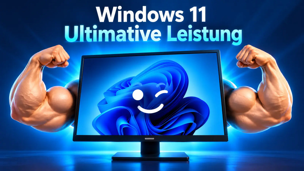 Windows-11-PC mit der Aufschrift Ultimative Leistung und zwei kräftigen Armen