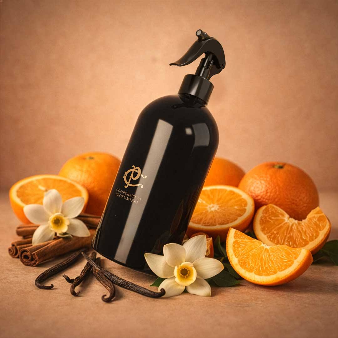 Velvet Citrus Raumduft-Spray mit Duftmotiv zu Mandarinorange, Zimt
