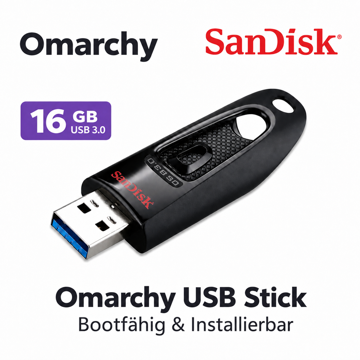 Omarchy USB Stick 16 GB USB 3.0 – Produktgrafik mit schwarzem SanDisk-Stick