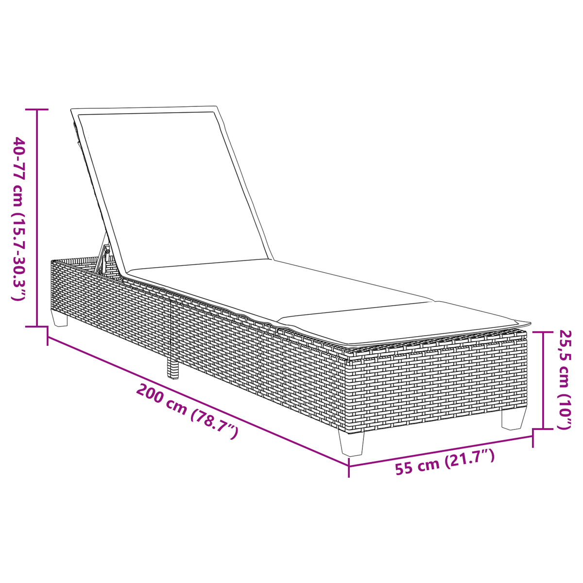 Sonnenliege mit Auflagen Grau 55x200x25,5cm Poly Rattan